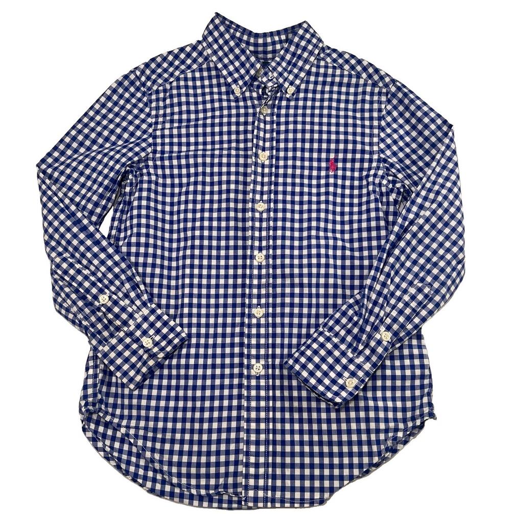 Polo Ralph Lauren Shirt Boy Size S (8) Blue Gingham Pink Pony Logo Button Preppy